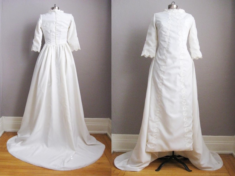 1960s Vintage Wedding Gown Chapel Train 60s Bridal Dress Modest High Neck Long Sleeves / Small