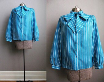 1980s Vintage Blouse Blue Pussy Bow Blouse 80s Secretary Mad Men / Medium