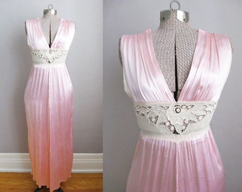 1930s Nightgown Pink Satin Lace 30s Vintage Lingerie / Small XS