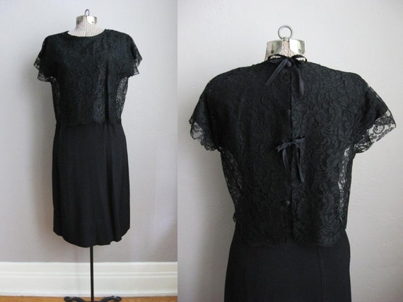 Vintage 1950s Dress Black Lace 50s Cocktail Dress