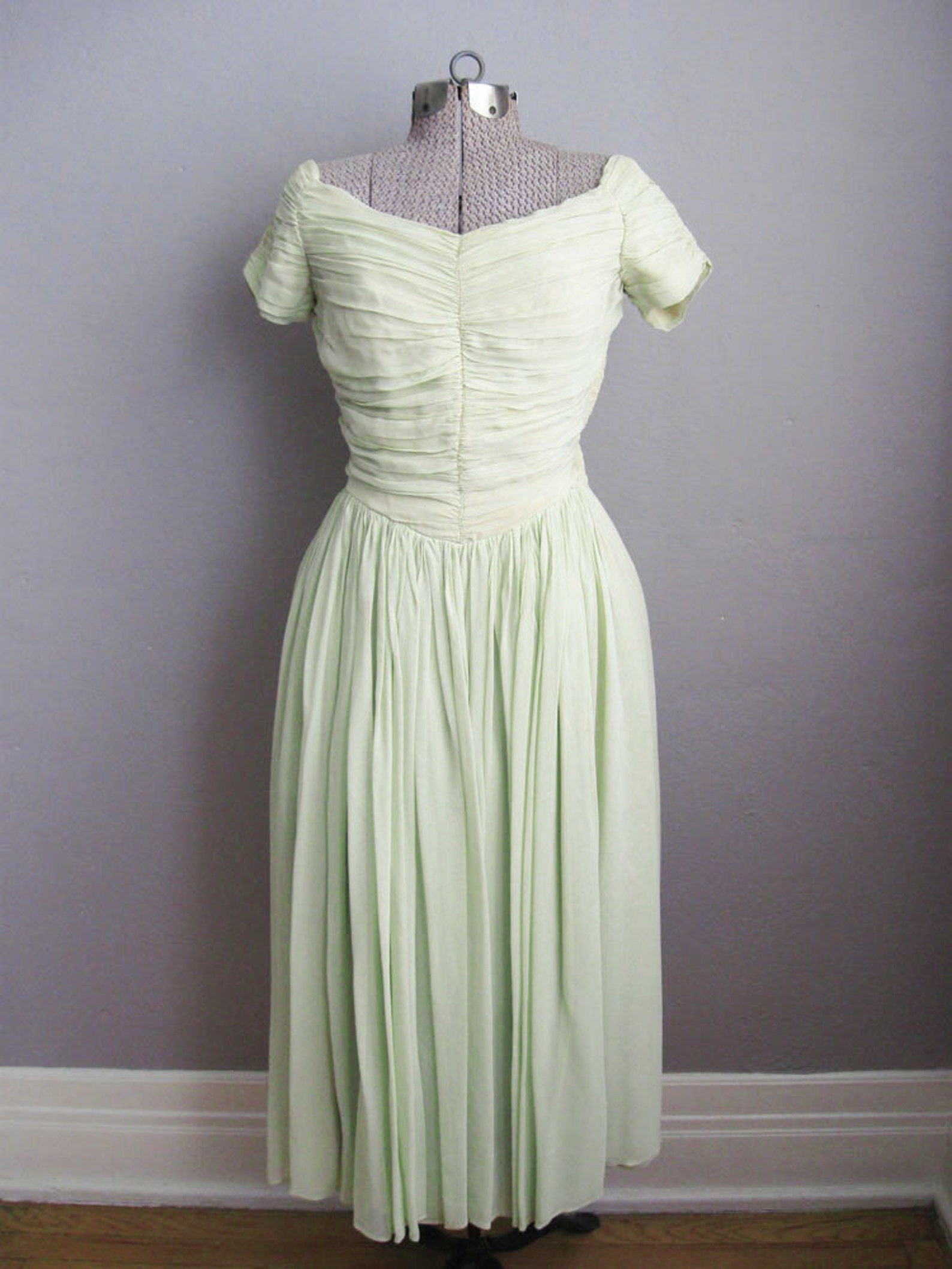 1950s Dress Chiffon Celery Green Dress Ruched Full Skirt 50s Etsy