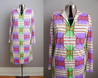 1960s Vintage Dress Psychedelic Print 60s 70s Dress Purple Green Neon Trompe L'Oeil / Large