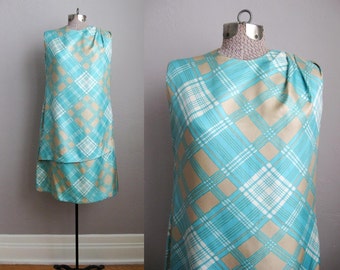 1960s Vintage Dress Turquoise Silk 60s Shift Dress Asymmetrical Plaid / Medium