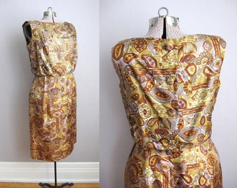 50s Dress Button Back Paisley Floral Print 1950s Dress / Medium Large