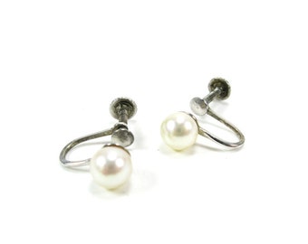 Cultured Pearl Earrings Sterling Silver Mid Century