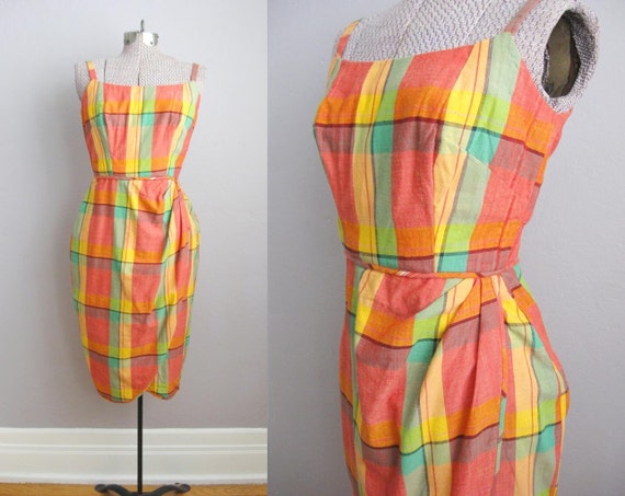 1950s Vintage Dress Plaid Sarong 50s Wiggle Dress / Small XS | Etsy