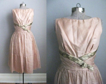 1950s Party Dress Organza Taffeta 50s Prom Gold Brocade Young Modes / Small
