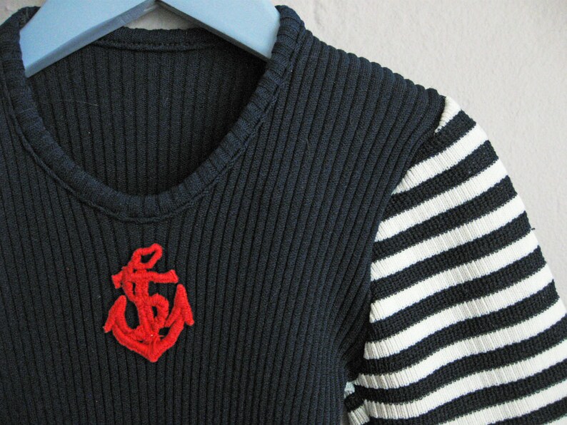 1960s Kids T-Shirt Nautical Navy Blue White Stripe Red Anchor / 4 6 image 3