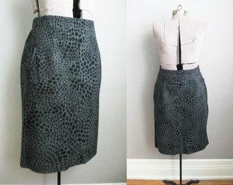 Vintage Animal Print Skirt Grey Midnight Blue Mondi Pencil Skirt / Medium