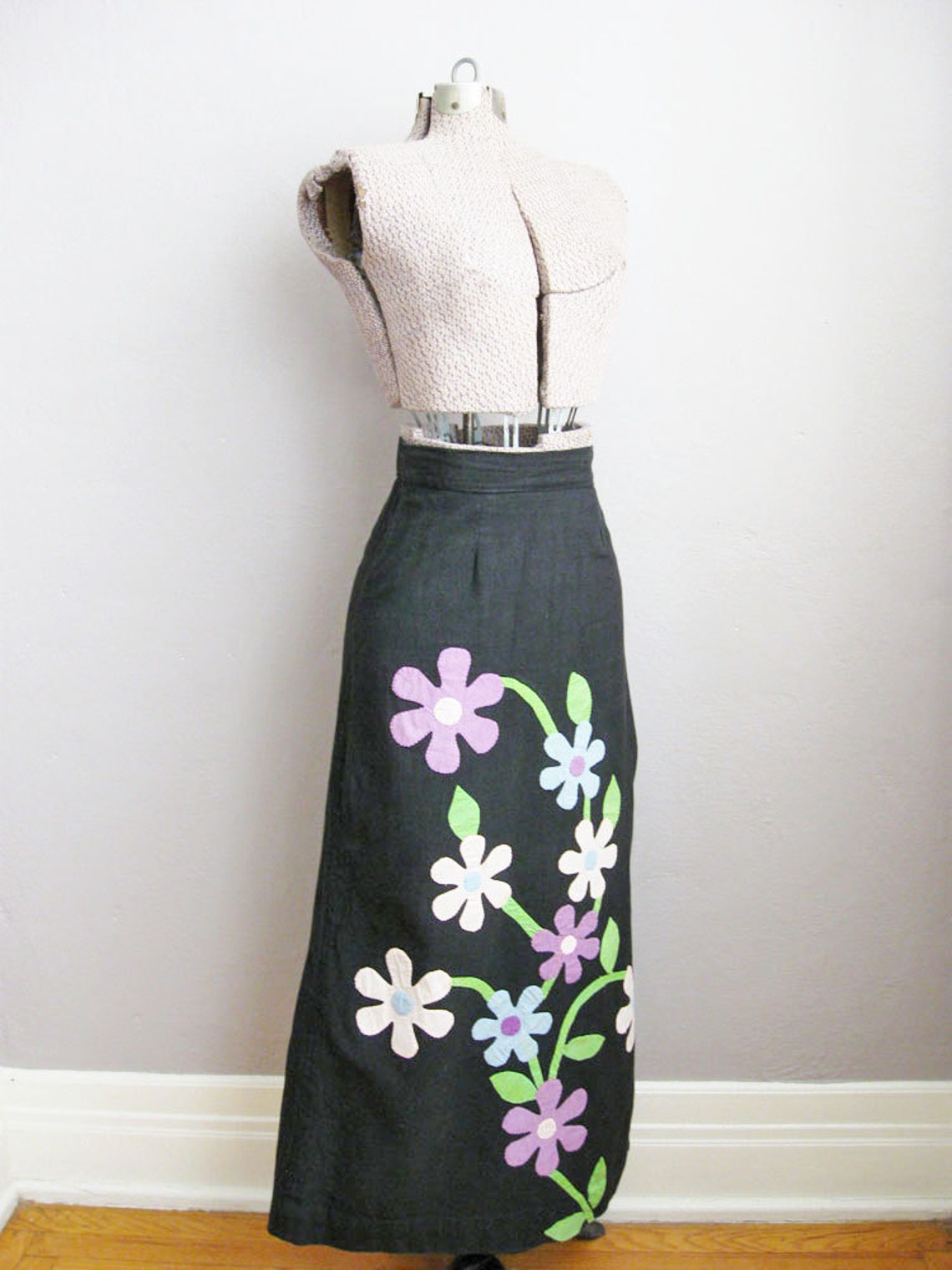 1960s Skirt Black Flowers Hippie Skirt Maxi Long Skirt Boho / Etsy Canada