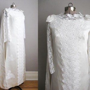 1960s Vintage Wedding Gown Watteau Cape / White Satin Lace Applique ...