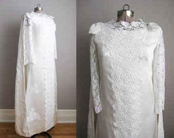 1960s Vintage Wedding Gown Watteau Cape / White Satin Lace Applique Bell Sleeves / Small