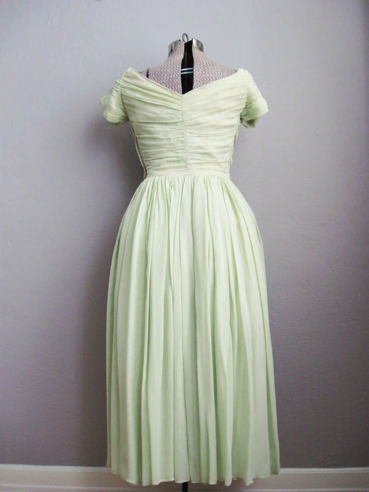 1950s Dress Chiffon Celery Green Dress Ruched Full Skirt 50s Etsy