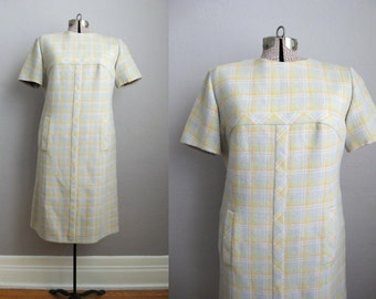 1960s Vintage Dress Grey Yellow Plaid Wool 60s Shift Dress / Large