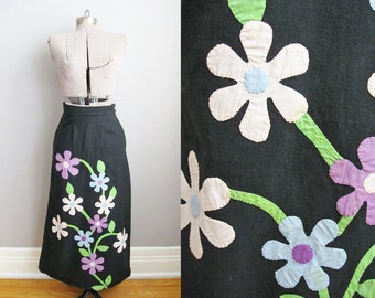 1960s Skirt Black Flowers Hippie Skirt Maxi Long Skirt Boho / Small