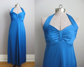 1970s Dress Cornflower Blue Evening Gown Long Halter Dress Gathered Bust / Small Medium