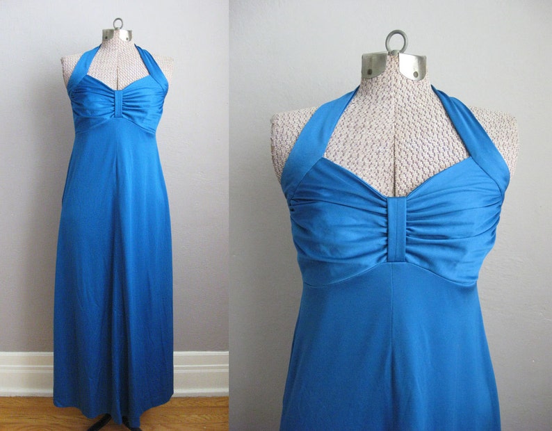 1970s Dress Cornflower Blue Evening Gown Long Halter Dress Gathered