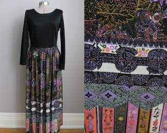 1960s Vintage Dress Maxi Twofer 60s Dress Long Sleeves Black Batik Print / Medium