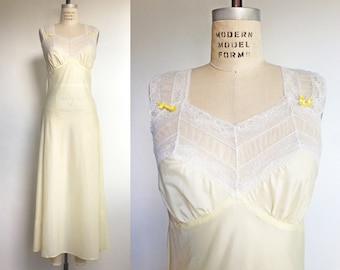 1940s Nightgown Yellow Vintage 40s Lingerie White Lace Negligee French Maid / Small