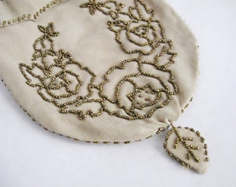 1920s Vintage Silk Purse Gold Beaded Handbag French Flowers