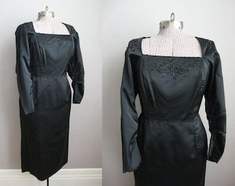 1950s Wiggle Dress Beaded Black Satin Vintage 1960s Cocktail Dress / Medium