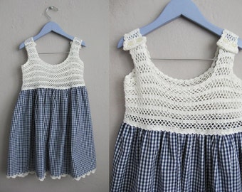 Vintage Gingham Girls Dress / Blue and White Crochet Dress / Girls Summer Dress