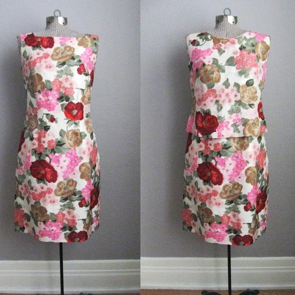 RESERVED • 1960s Vintage Dress Two Piece Silk Dress Pink Flower Print Tea Party 60s Day Dress / Medium