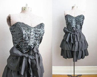 Black Party Dress 70s Strapless Ruffle Tiered Skirt Bow Sash / Small