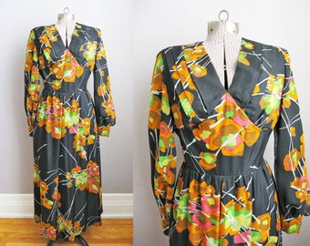 1960s Dress Black Orange Floral 60s Maxi Dress Evening Gown / Medium