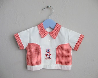 Vintage Boys Western Shirt / Red and White Gingham / Raggedy Andy Applique