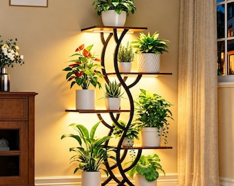 5 Tier S Shape Plant Stand with Grow Light, 44 Inch Tall Corner Plant Shelf, Metal Wood Flower Rack for Living Room Patio Balcony