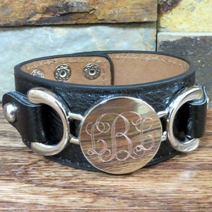 Silver Leather Personalized Bracelet - Black leather- Initial Bracelet - Monogrammed- Womens Gift