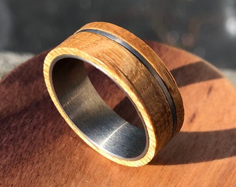 Mans Wood and Tungsten Wedding Band with Comfort Fit and Personalized Wooden Ring Box for Groom, Engagement, Rustic Ring