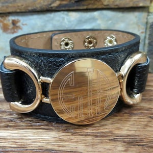 Black Leather with Gold Monogram Bracelet- Initial- Personalized- Monogrammed Gift for Women- Bridesmaid Engraved Stocking stuffer Christmas