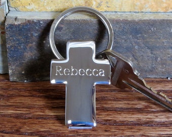 Personalized Cross Key Chain- Engraved Gift- Religious gift