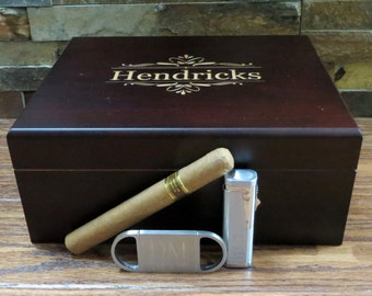 Personalized Cigar Accessory Kit, Humidor, Cigar Cutter, Lighter, Torch, Cedar Box, Gifts for Men, Groomsmen, Fathers Day, Christmas