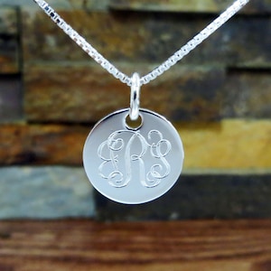 Mini Sterling Silver Necklace- 5/8&quot;  - Personalized - 3 Initial- Monogrammed - Custom Engraved- Bridesmaids gift - Engagment - Bridal Shower