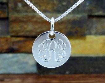 Mini Sterling Silver Necklace- 5/8"  - Personalized - 3 Initial- Monogrammed - Custom Engraved- Bridesmaids gift - Engagment - Bridal Shower
