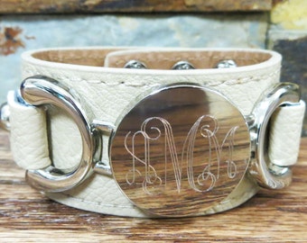 Silver Leather Personalized Bracelet - Initial Bracelet - Monogrammed- Womens Gift - Wedding - Birthday - Christmas - Anniversary