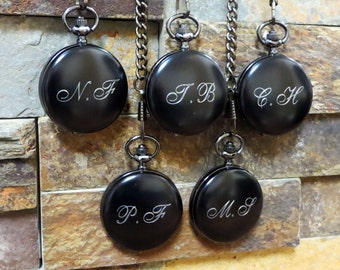 Set of 5 Black Personalized Pocket Watches -Engraved- Groomsman Gifts - Gifts for Men- Groom- Wedding Gift- (938)