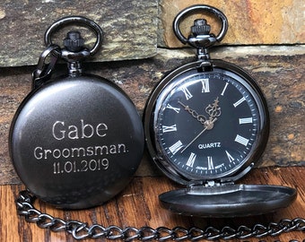 Personalisierte Bräutigam Taschenuhr, Gunmetal Monogrammed Taschenuhr, Geschenke für Männer, Bräutigam Geschenk, Bester Mann, Vater der Braut (775)