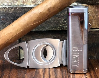 Cigar Torch Lighter w Cigar Cutter Set - Personalized- Mens Gift- Groomsmen- Fathers Day- Wedding- Anniversary- Birthday- Custom Engraved