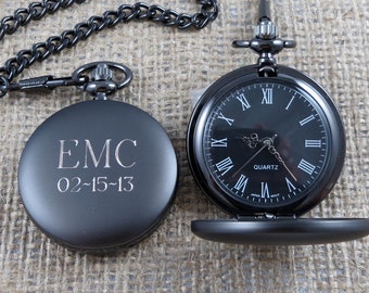 Personalized Gunmetal Pocket Watch Custom with Monogram, Engraved Gifts for Men, Best man, Groomsman, Christmas, Monogrammed (775)