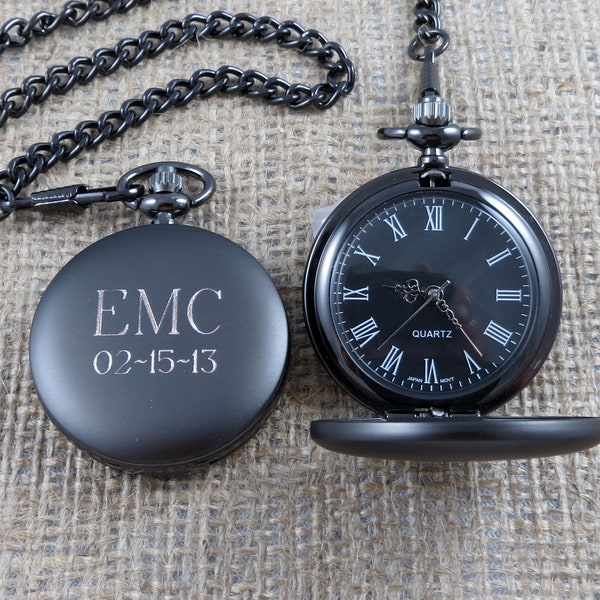 Personalized Gunmetal Pocket Watch Custom with Monogram, Engraved Gifts for Men, Best man, Groomsman, Christmas, Monogrammed (775)