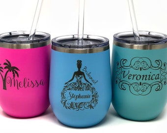 Engraved Stainless Steel Vacuum Insulated Wine Cup, Personalized Tumbler w Straw, Bridesmaid, Bridal Shower, Coffee Travel, Engagment Gift