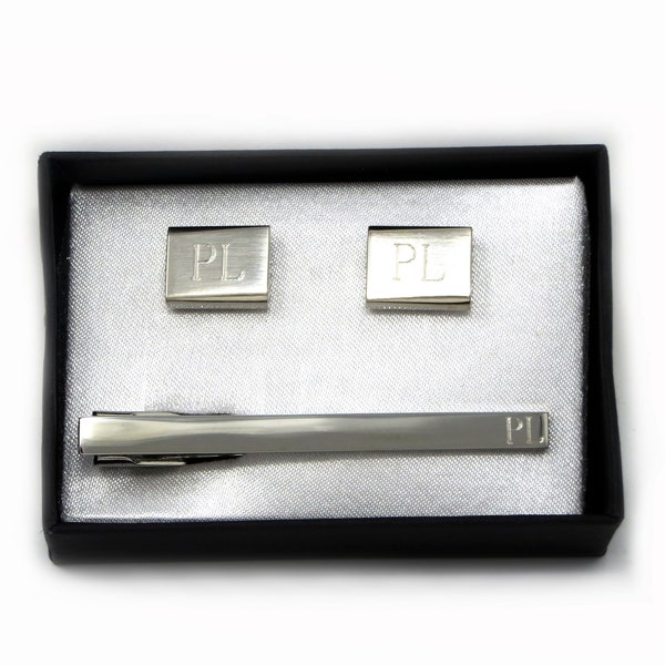 Personalized Mens Silver Tie Clip with Cuff Links Monogram, Groomsmen, Gifts for Men, Wedding, Father of the Groom, Anniversary Set, (cu-04T