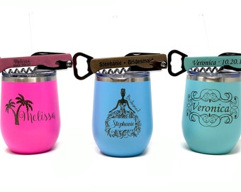 Personalized Gift Set - Wine Glass with Cork Screw Straw Birthday, Stainless Steel Tumbler, Bridesmaids, Travel Cup, Bridal Shower, Cocktail