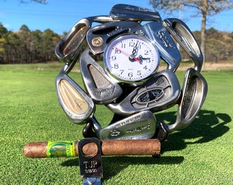 Repurposed Golf Club Clock complete with Personalized Divot Repair Tool Cigar Holder, Golfer Gift, Fathers Day, Best Man, Gifts for Men