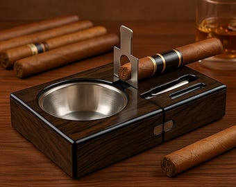 Personalized Cigar Ash tray w/ Guillotine Cigar Cutter, Gifts for men, Grandfather, Anniversary, Custom Engraved Wedding Gift, Father's Day