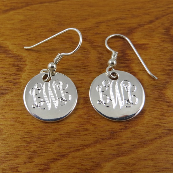 Monogram Earrings - Sterling Silver - Monogrammed - Personalized - Engraved - Bridesmaids Gift, Christmas Gift